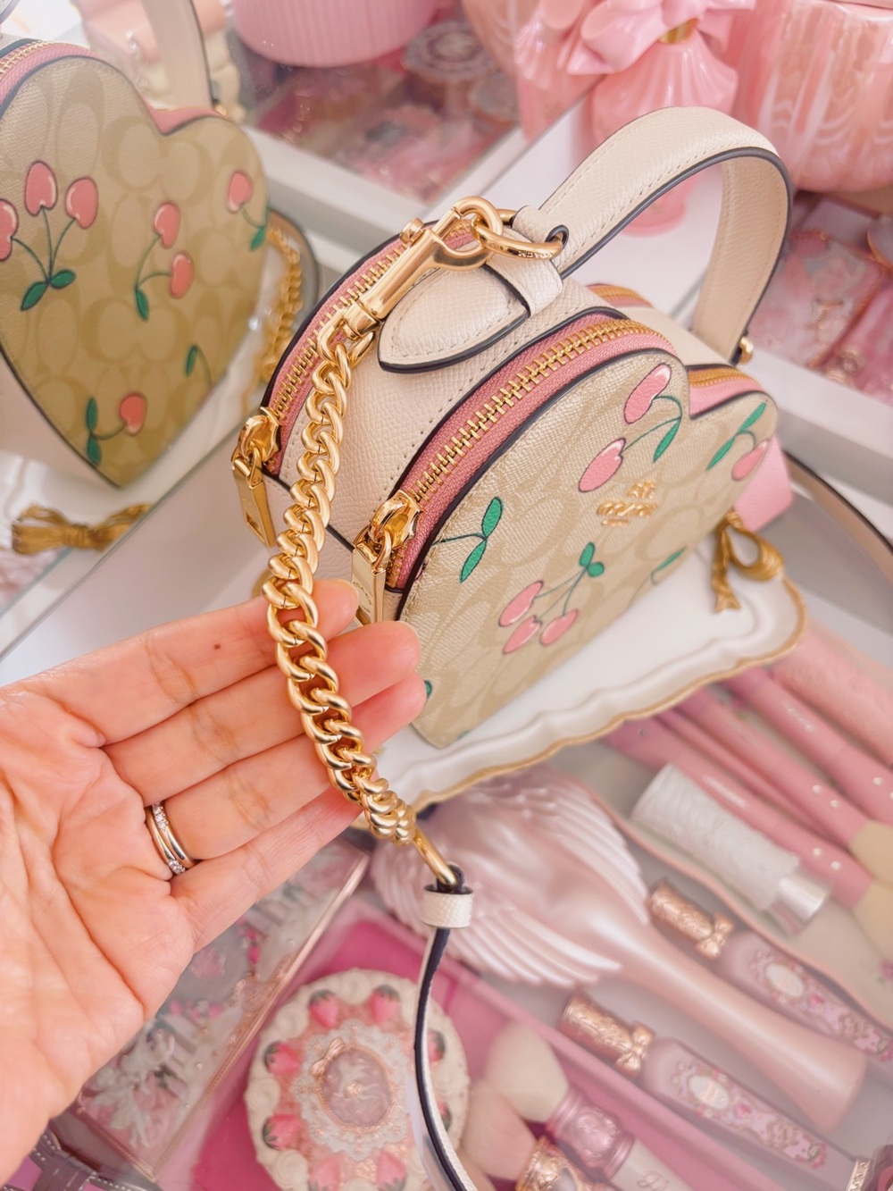 Coach Beige Signature Heart Crossbody with Pink Cherry Print - Picture 5 of 5